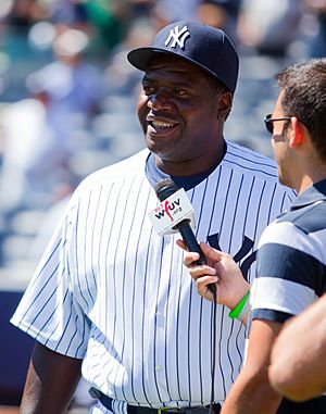 Hayes being interviewed in New York Yankee uniform