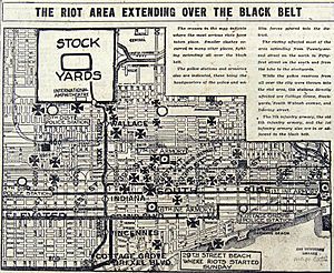 Map of 1919 Chicago Race Riot Hot Spots extending over the Black Belt