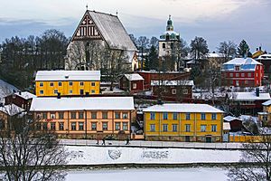 A view of buildings in the Porvoo Old Town, including the Porvoo Cathedral