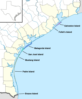Map depicting the Gulf Coast of Texas, with barrier islands labeled and color-coded