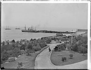 View of Redondo Beach Pier and railroad station from the Redondo Hotel, whose garden is also seen, ca.1900 (CHS-1371)
