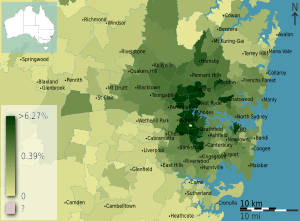 Australian Census 2011 demographic map - Inner Sydney by POA - BCP field 1132 Korean Total Responses
