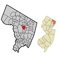 Map highlighting Oradell's location within Bergen County. Inset: Bergen County's location within New Jersey.