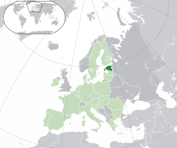 Location of  Estonia  (dark green)– on the European continent  (green & dark grey)– in the European Union  (green)  —  [Legend]
