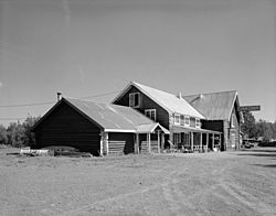 Side view of the Gakona Roadhouse, a major community building