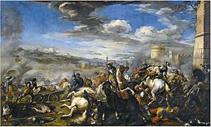 Jacques Courtois - Battle scene with infantry, cavalry and cannon, a fortress and a city beyond