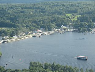 Naples from the air, with the Songo River Queen II on Long Lake and the newly-constructed causeway connecting Brandy Pond