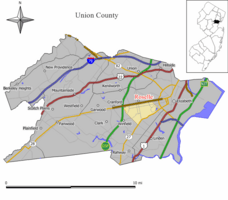 Map of Roselle in Union County. Inset: Location of Union County highlighted in the State of New Jersey.