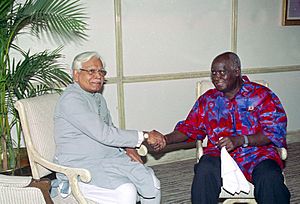 The Union External Affairs Minister, Shri K. Natwar Singh calls on the former President of Zambia, Mr. Kenneth Kaunda in New Delhi on March 15, 2005