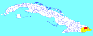 Yateras municipality (red) within  Guantánamo Province (yellow) and Cuba