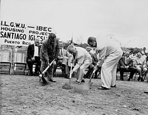 David Dubinsky, Governor Munoz, and an unidentified man break ground for the ILGWU - IBEC Santiago Iglesias housing project in Puerto Rico, 1957