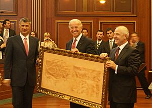 Hashim Thaci Joe Biden Fatmir Sejdiu with Declaration of Independence of Kosovo