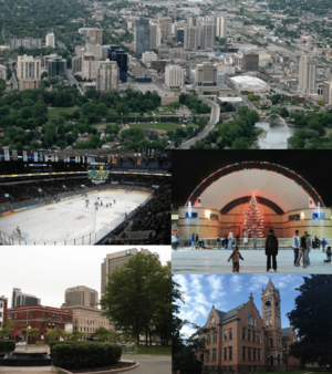From top, left to right: Downtown London skyline, Budweiser Gardens, Victoria Park, Financial District, London Normal School