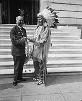 Vice President Curtis receives peace pipe from Chief Red Tomahawk, slayer of Sitting Bull. Chief Red Tomahawk, leader of the Sioux Nation and credited with having killed Sitting Bull, LCCN2016889332