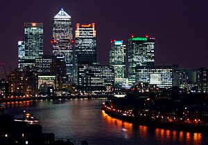 Canary Wharf at night, from Shadwell cropped