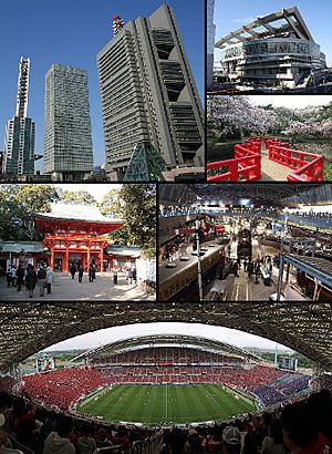 From top left: Saitama New Urban Center, Omiya Sonic City, Hikawa Shrine, Iwatsuki Castle Park, Saitama Stadium 2002