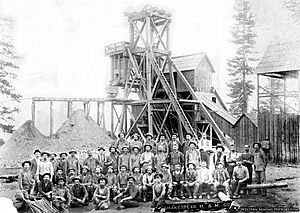 Shakespeare Mining & Milling Co, headframe and miners, ca. 1860