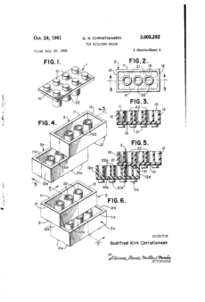 US3005282A Toy building brick (1958 filed, 1961 published) by Christiansen Godtfred Kirk - Lego brick, p.1, Fig. 1~6