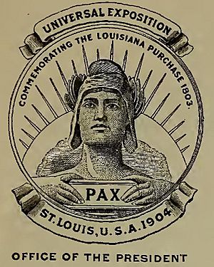 “Universal Exposition Commemorating the Louisiana Purchase 1803” “Office of the President” “PAX” art - Official catalogue of exhibitors (IA officialcatalogu01stlo) (page 12 crop)