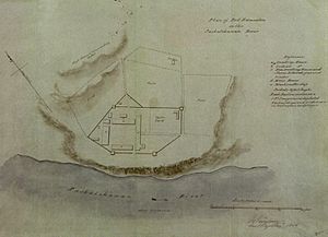 1846 watercolor depicting a plan view of Fort Edmonton on the banks of the North Saskatchewan