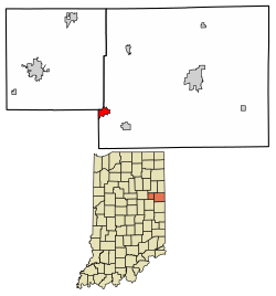 Location of Dunkirk in Blackford County and Jay County, Indiana.