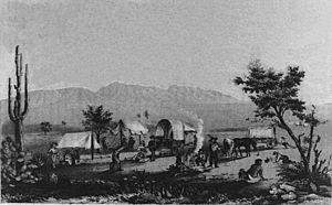 An American wagon train at Maricopa Wells, 1857 drawing