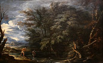 Salvator rosa, paesaggio con mercurio e il boscaiolo disonesto, 1663 ca (cropped)
