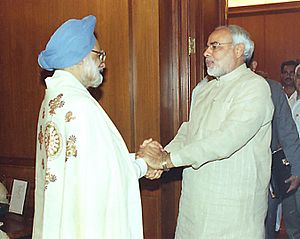 The Chief Minister of Gujarat Shri Narendra Modi calls on the Prime Minister Dr. Manmohan Singh in New Delhi on June 30, 2004