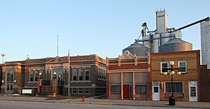 Downtown buildings including the Carnegie library and grain elevator