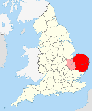East Anglia: with the ceremonial counties of Norfolk and Suffolk (in red) to the north and south and Cambridgeshire (in pink) to the west