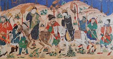Lady travelling. Samarkand or Central Asia circa 1400. Possibly depicting the wedding of Timur with Dilshad Aqa in 1375