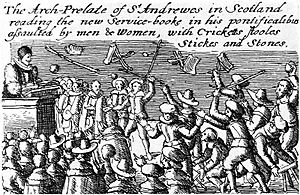 Riot against Anglican prayer book 1637.jpg