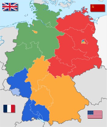 Post-Nazi German occupation borders and territories from 1945 to 1949.British (green), French (blue), American (orange) and Soviet (red) occupation zones. Saar Protectorate (light blue) in the west under the control of France.Berlin is the quadripartite area shown within the red Soviet zone. Bremen consists of the two orange American exclaves in the British sector.