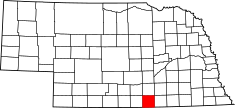 Map of Nebraska with county highlighted: on Kansas border in south central part of state