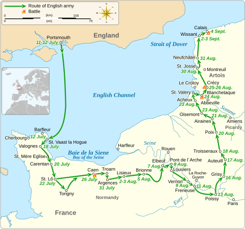 Map of the route of Edward III's chevauchée of 1346