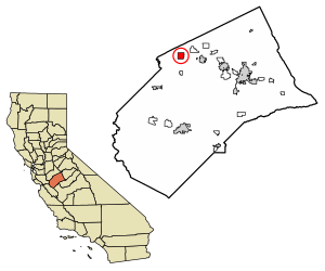 Location of Hilmar-Irwin in Merced County, California.