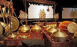 1 collection of Indonesian musical instruments, screen and puppets for wayang kulit Mahabharata show.jpg