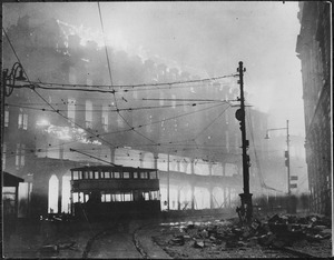 A burning building in Sheffield which was raided recently. New York Times Paris Bureau Collection. - NARA - 541901.tif