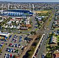 Aerial perspective of Kardinia Park Stadium with South Geelong station