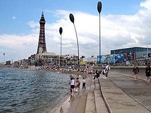 Blackpool promenade steps at high tide
