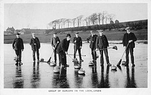 Group of curlers on the loch Lenzie, 1910 postcard