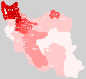 Map of Azerbaijani-inhabited regions of Iran, according to a poll in 2010