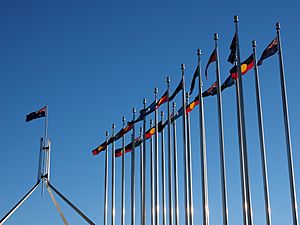 Aboriginal, Torres Strait Islander and Australian flags outside the Australian Parliament House in July 2016