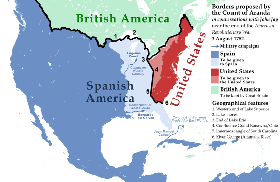 MAP of the Spanish proposal at the American Settlement of peace to limit US Territory to just Appalachian Mountains to a north–south line from the middle of Lake Erie, and Britain to cede its colony of Georgia to Spain.