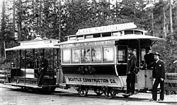 Grip car and trailer car of cable street railway, Seattle, 1888