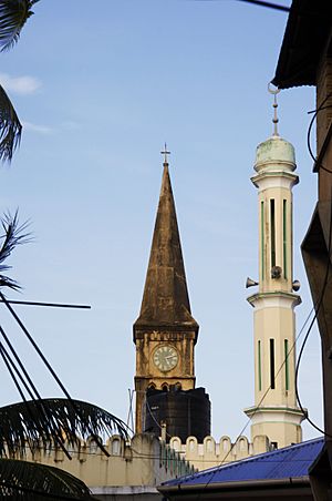 The mosque and church are located closely in the stone city of Zanzibar