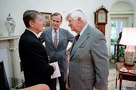 President Ronald Reagan and Vice President George H. W. Bush meet with Tip O'Neill