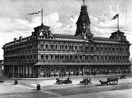 1880 Lithograph of the Baker Block on the southeast corner of Main Street and Arcadia Street