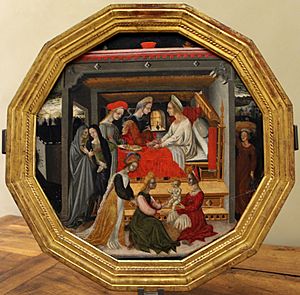 Domenico di bartolo, desco da nozze con nascita del battista, 1420-40 ca. (siena) 01
