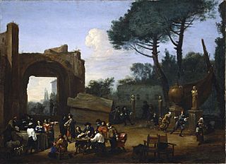 Michelangelo Cerquozzi - Party in a garden with Roman artists